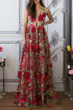 A Line V Neck Red Floral Boho Prom Dress Elegant Long Evening Dresses PW518