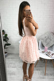 A Line V-Neck Short Pearl Pink Lace Appliques Sleeveless Knee Length Homecoming Dress H1015