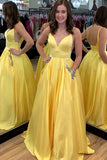 A Line Yellow Satin V-Neck Beading Pocket Prom Dresses Long Backless Party Dresses P1109