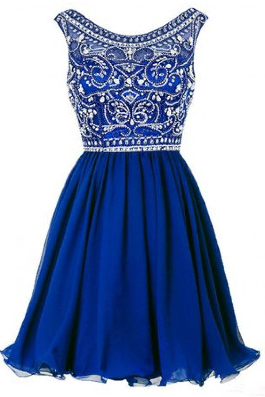 A line Blue Chiffon Scoop Homecoming Dresses with Beads Straps Prom Dresses PW802