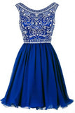 A line Blue Chiffon Scoop Homecoming Dresses with Beads Straps Prom Dresses PW802