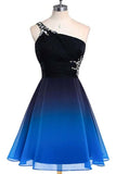 A line Blue One Shoulder Beads Short Prom Dresses, Chiffon Homecoming Dresses PW853