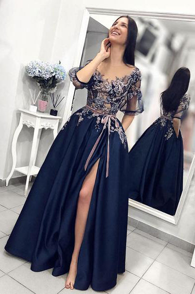 A line Blue Prom Dresses with High Slit Short Sleeve Satin with Pockets Evening Dresses PW676