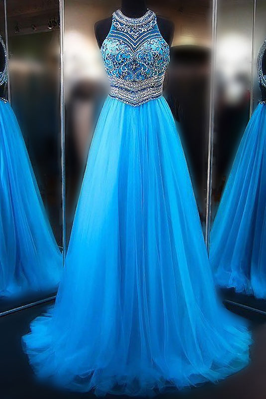 A line Blue Tulle Halter Beads Open Back Prom Dresses Long Evening Dresses PW579