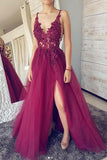 A line Burgundy V Neck Straps Tulle Prom Dresses Beads Lace Appliques Party Dresses PW700