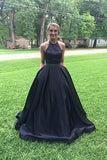 A line Halter Navy Blue Beads Prom Dresses with Pockets Long Evening Dresses PW566