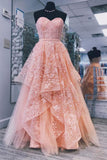 A line Pink Sweetheart Lace Appliques Prom Dresses with Tulle, Cheap Party Dresses PW873