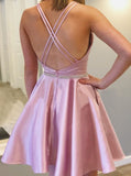 A Line Round Neck Criss-Cross Straps Short Homecoming Dress with Beads Pockets H1290