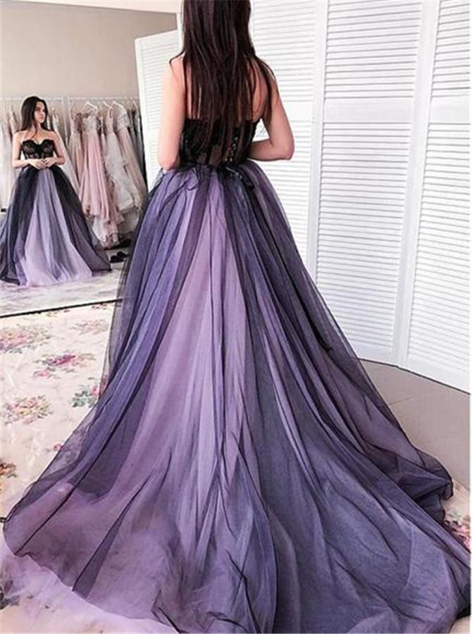A Line Sweetheart Strapless Tulle Sleeveless Lilac Prom Dresses With Appliques Formal Dresses PW462