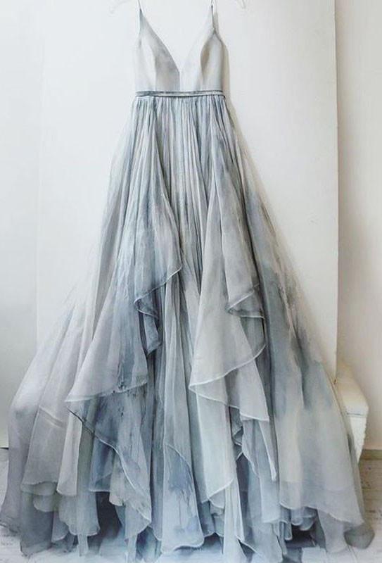 A line Tulle Ombre Deep V Neck Spaghetti Straps Gray Prom Dresses, Evening Dresses PW883