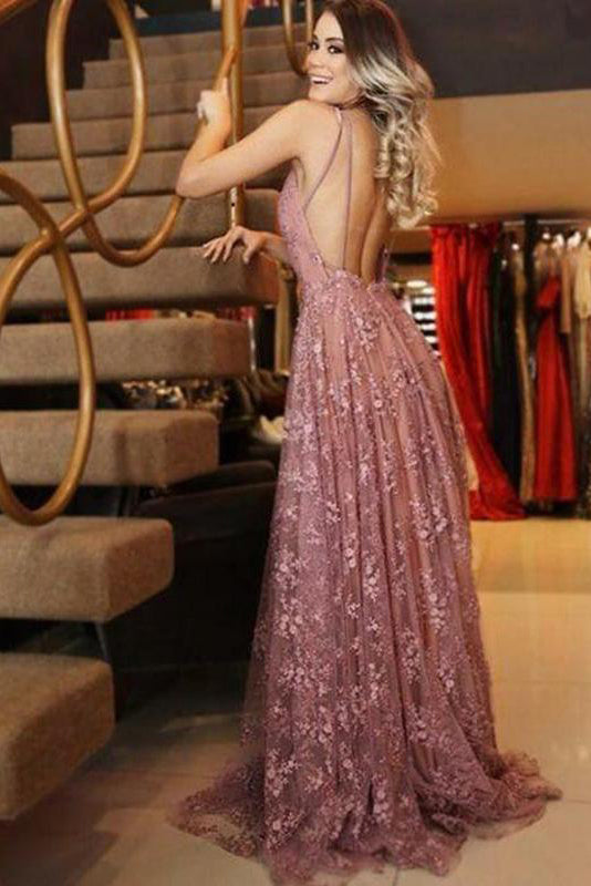 A line V Neck Pink Lace Backless Appliques Prom Dresses Sleeveless Evening Dresses uk PW555