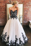 A Line Sweetheart Strapless White Tulle Black Lace Appliques Formal Prom Dresses P1417