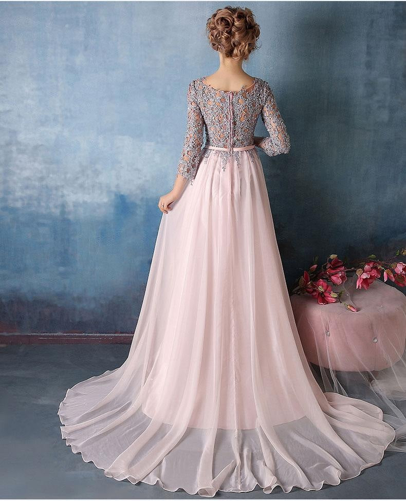 Scoop A-line Pink Chiffon with Silver Lace Appliqued Long 3/4 Sleeves Prom Dresses uk PM311