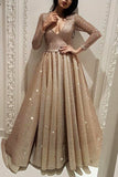 Long Sleeve A Line V Neck Gold Sequins Long Floor Length Prom Dresses uk PW53