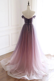 A Line Off the Shoulder Ombre Tulle Long Prom Dress P1261