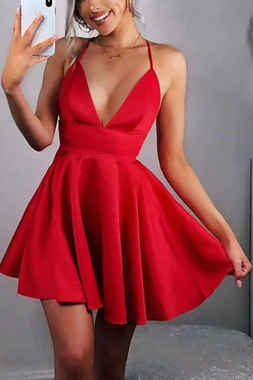 Simple Red V Neck Satin Spaghetti Straps Homecoming Dresses with Above Knee H1157