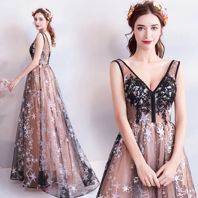 Princess A Line V-Neck Applique Prom Dress with Stars Lace up Evening Dress P1235