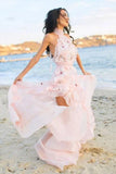 Boho Halter Backless Light Pink Chiffon Beach Wedding Dresses with Appliques Ruffles W1200