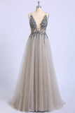 Backless Grey V-Neck Sexy Prom Dresses with Slit Rhinestone See Through Evening Gowns P1105