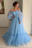 Ball Gown Blue Tulle Prom Dresses, Long Sleeve Off the Shoulder Quinceanera Dresses PW930