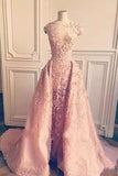 Ball Gown Mermaid Pink Lace Appliques Tulle Cap Sleeve Backless Prom Dresses PW761
