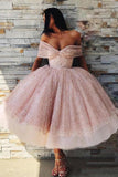 Ball Gown Off the Shoulder Homecoming Dress Pink Tea Length Ball Gown Prom Dresses PW739