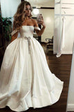 Ball Gown Off the Shoulder Satin Bateau Long Wedding Dress with Pockets Bridal Dress W1079