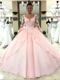 Ball Gown Pink V-Neck Long Sleeve Appliques Prom Dress with Lace up Quinceanera Dress H1136