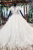Ball Gown Round Neck Ivory Beads Open Back Wedding Dresses, Quinceanera Dresses W1053