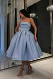 Ball Gown Strapless Satin Blue Short Prom Dresses, Tea Length Sleeveless Homecoming Dresses H1132