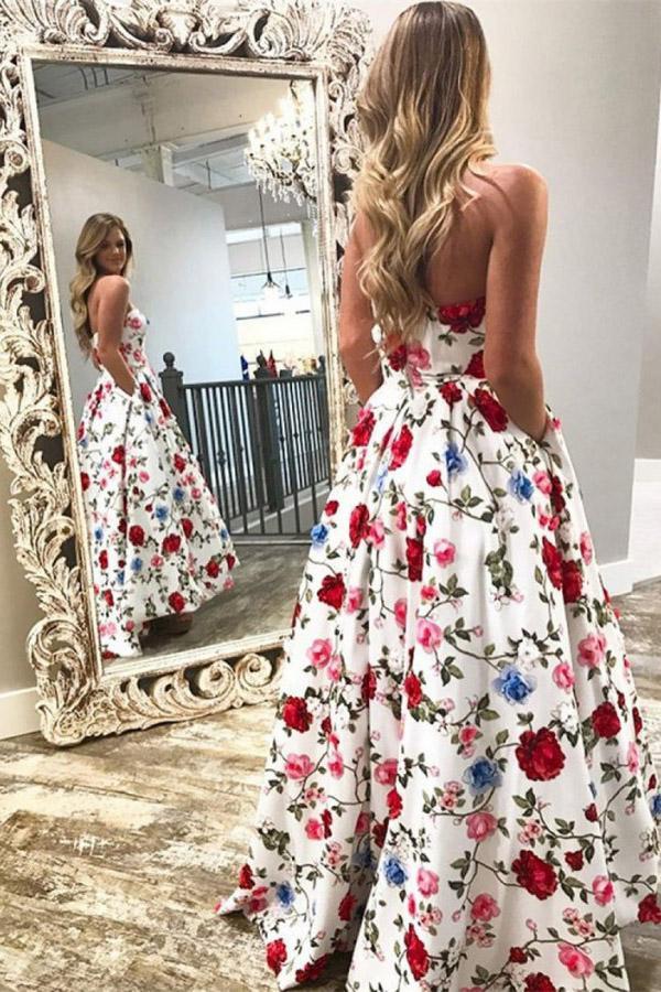 Ball Gown Strapless White Floral Print Prom Dresses with Pockets Dance ...