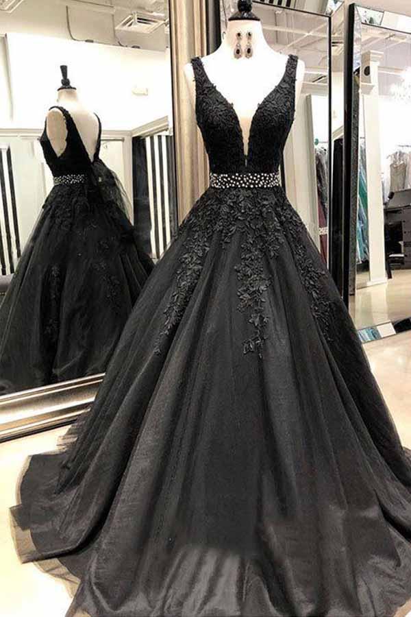Ball Gown Straps Black V-Neck Lace Appliques Prom Dresses Beads V Back Dance Dresses PW709