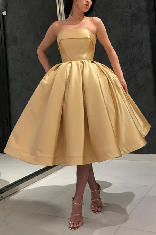 Ball Gown Yellow Strapless Homecoming Dresses with Pockets Short Prom Dresses H1225