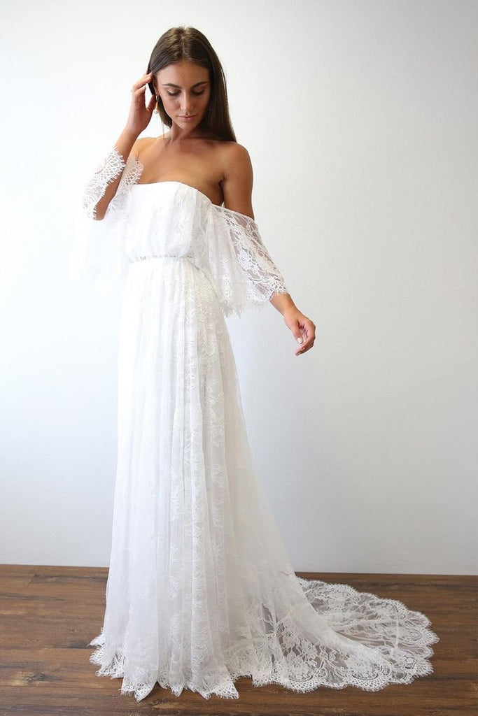 Beach Wedding Dresses Half Sleeve Off the Shoulder Lace Sexy Simple ...