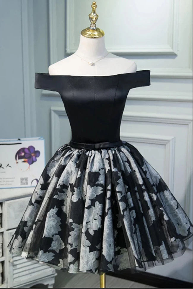 Black Satin Off the Shoulder Cute Homecoming Dresses Short Prom Dress Hoco Gowns H1337