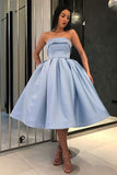 Blue Ball Gown Strapless Satin Short Cocktail Dresses, Homecoming Dress with Pockets H1227