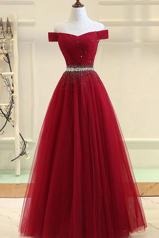 Burgundy A line Off the shoulder Sweetheart Prom Dresses, Beads Evening Dresses PW586