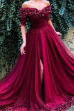 Burgundy Off the Shoulder Maroon Long Prom Dresses Short Sleeves Slit Formal Dress PW468