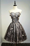 A Line Brown Sweetheart Strapless with Flowers Tulle Short School Dress,Hocoming Dress PH886