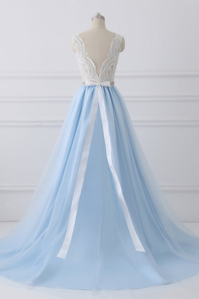 A-Line V-Neck Lace Top Sky Blue Skirt Cheap Sweetheart Tulle Satin Wedding Dresses with Sash PH156