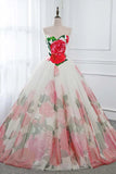 Ball Gown Floral Satin Long Tulle Evening Dresses with Lace up, Sweetheart Red Prom Dresses P1240