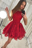 Cap Sleeve Red Lace Above Knee Scoop Homecoming Dresses Graduation Dresses H1235