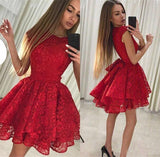 Cap Sleeve Red Lace Above Knee Scoop Homecoming Dress Graduation Dress H1235