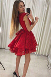 Cap Sleeve Red Lace Above Knee Scoop Homecoming Dress Graduation Dress H1235