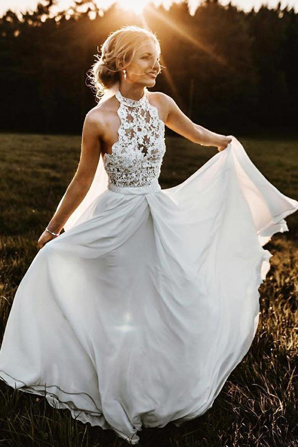 Charming Lace White Halter Long Wedding Dresses Chiffon Beach Bridal Dresses PW615