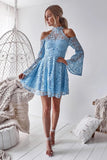 Charming Long Sleeve Blue Lace Halter Homecoming Dresses Sweet 16 Dresses H1267