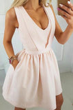 Cheap V Neck Satin Short Prom Dress with Pocket, Open Back Homecoming Dresses H1086