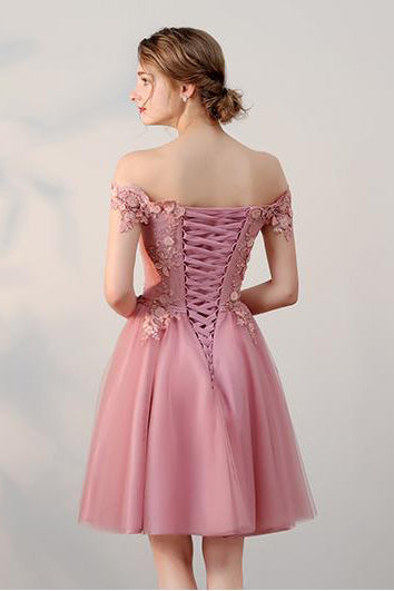 Chic A Line Off the Shoulder Tulle Pink Beads Homecoming Dress with Flowers H1019