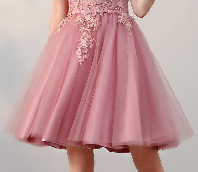 Chic A Line Off the Shoulder Tulle Pink Beads Homecoming Dress with Flowers H1019
