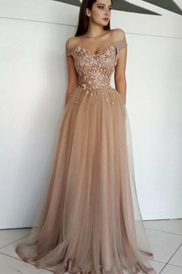 Chic Off the Shoulder Tulle Prom Dresses with Beads Long Sweetheart Evening Dress PW639